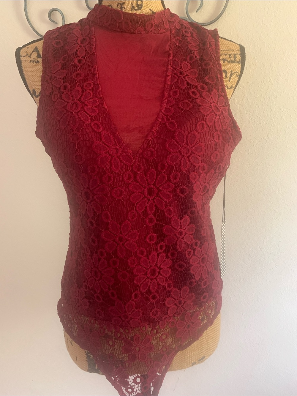 Haute Monde Burgundy Floral Lace Sleeveless Bodysuit